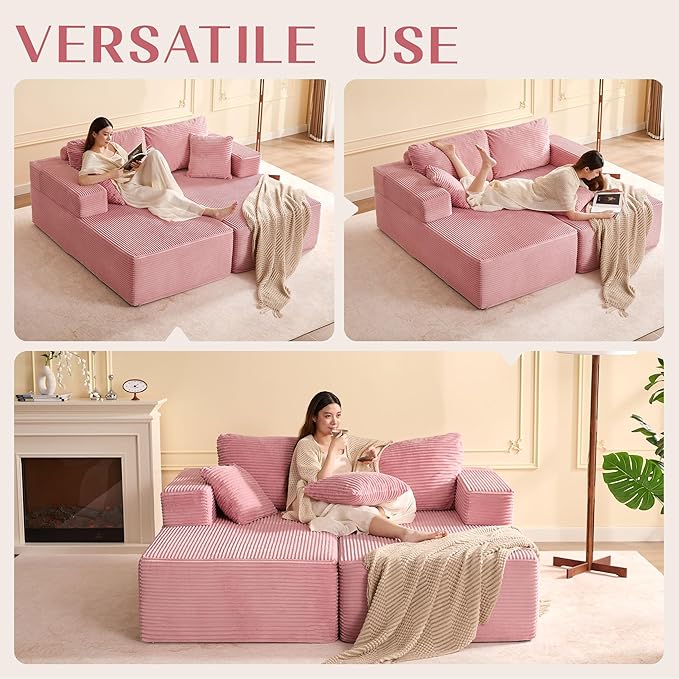 Chaise Lounge Chair, Boneless Couch for Living Room and Bedroom, Sleeper Couches Reading Chairs, Corduroy, Pink