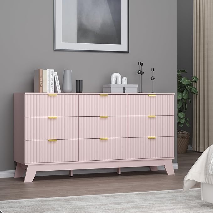 Fluted 9 Drawer Dresser, 57.1" Wide Modern Boho Chest of Drawers, Wooden Storage Dresser TV Stand for Bedroom, Living Room, Closet, Hallway, Curved Profile Design