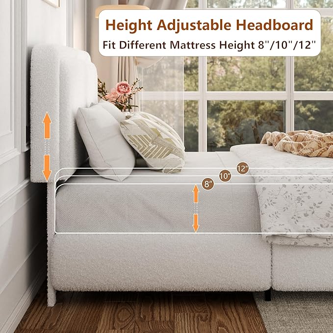 King Size Bed Frame with Headboard Adjustable, Boucle Upholstered Platform King Bed Frame, Anti-Collision Soft Rounded Corners, No Box Spring Needed, Noise-Free, Easy Assembly, White