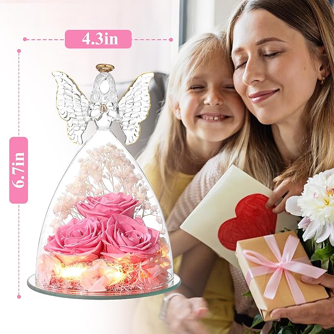 Ocosy Mothers Day Rose Gifts for her, Large Angel Rose Gifts for Women, Forever Real Roses in Angel Figurines, Angel Guardian with Roses Flower, Sweet Pink
