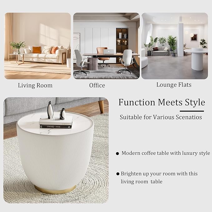 Round Coffee Table Set with Sintered Stone Tabletop, 27.56" Grey Drum Center Table and 19.69" White Coffee Table Set, 2 Pieces Living Room Table Set with Fluted PU Leather Cover& Metal Base