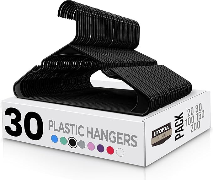 Utopia Home Clothes Hangers 30 Pack - Plastic Hangers Space Saving - Durable Coat Hanger with Shoulder Grooves (Black)