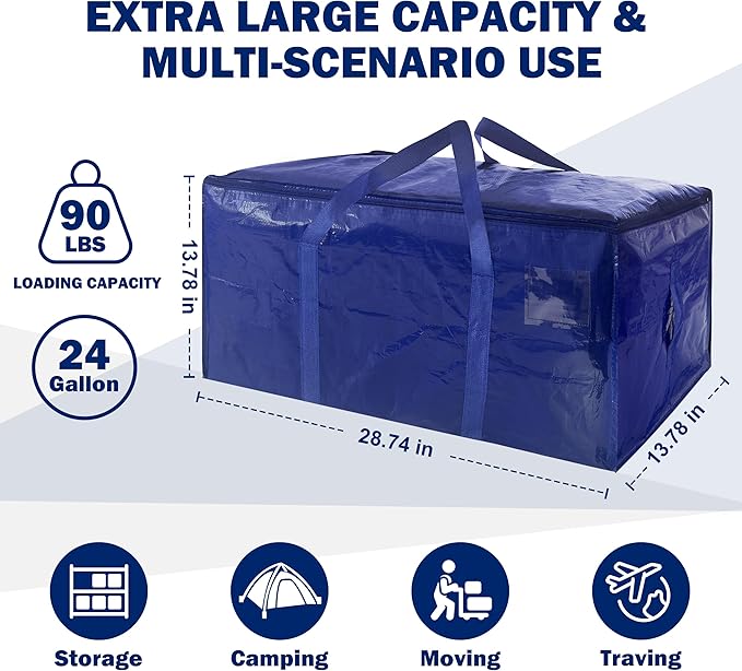 16 Pack Extra Heavy Duty Large Moving Bags with Strong Zipper & Carrying Handles, Sturdy Clothes Storage Bag Totes Bins, Packing Bags Moving Boxes College Moving Supplies, Dark Blue - 24 gal
