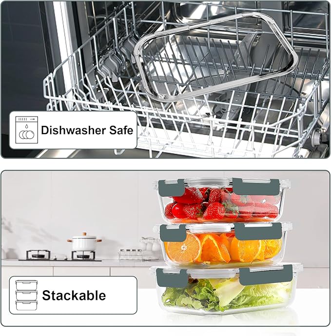VERONES 10 Pack 22 OZ Glass Meal Prep Containers, Airtight Glass Lunch Containers Set, Glass Food Storage Containers with Lids,Exclusive of BPA, for Microwave, Oven, Freezer & Dishwasher Friendly,Grey