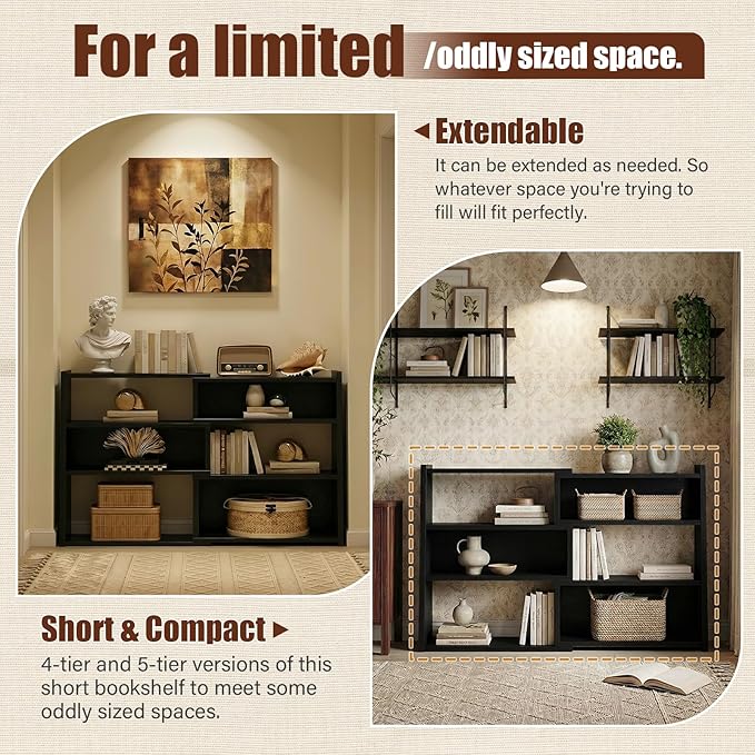 Armocity Book Shelf - Small Expandable Ladder Shelf, Short Corner Bookshelf for Small Spaces, 4 Tier Wood Narrow Bookcase, for Living Room, Bedroom, Entryway, Black