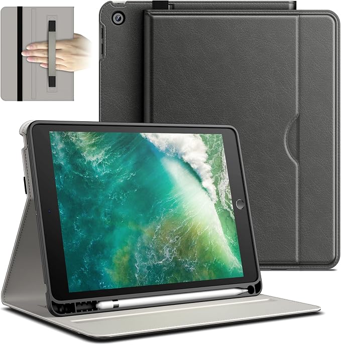 JETech Business Case Cover for iPad 6th/5th Gen 9.7 (2018/2017) Black | PU Leather Design Pencil Holder &amp Pocket Multi-Angle Viewing