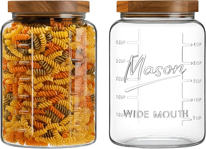 1 Gallon Glass Mason Jar with Airtight Wooden Lid, Wide Mouth Large Food Storage Container with Measurement Markings For Kitchen Pantry, Pickling, Cookies, Flour & Sugar - 2 Pack