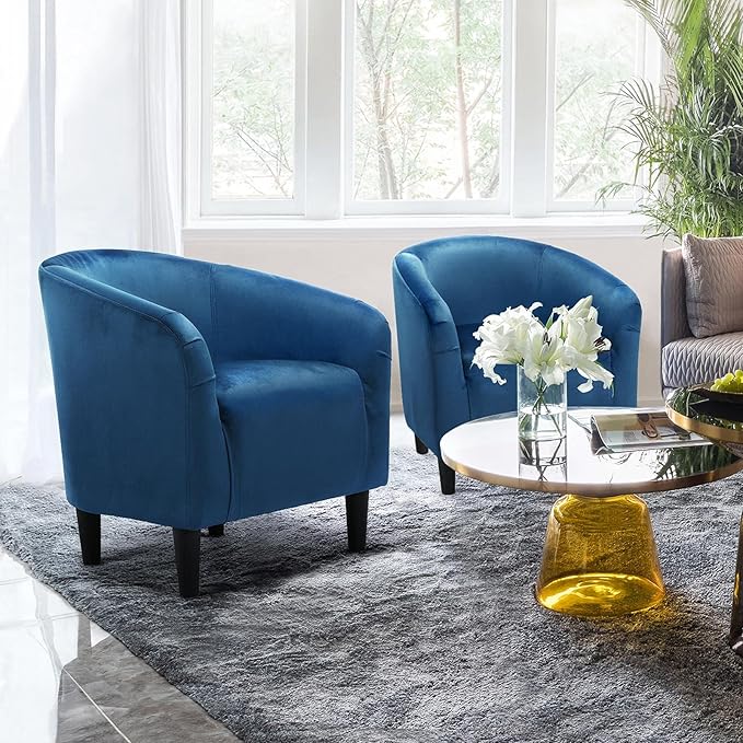 Yaheetech Barrel Chairs, Velvet Accent Chairs with Soft Padded Armrest for Living Room Bedroom Waiting Room Office, Set of 2, Pagoda Blue
