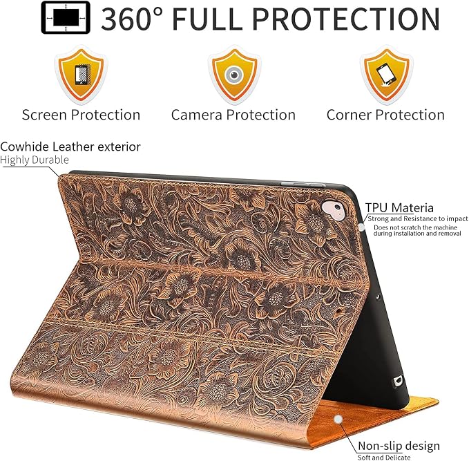 Gexmil Case for iPad Pro 12.9 Inch2nd/1st Generation(2017/2015) Genuine Leather Cover Anti Fingerprint/SlipCowhide Folio Cover Auto Sleep/Wake with Adjustable StandFlower Brown | Genuine Leather Co