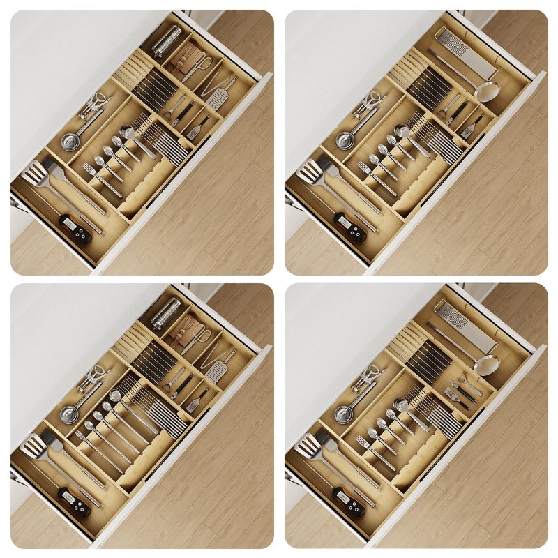 Landmok Bamboo Silverware Drawer Organizer, 17.72-29.53 Inch Expandable Large Kitchen Drawer Organizer, 5-8 Slot Flatware with Removable Card Slots & Knife Block for Spoon Butter Knive, Natural
