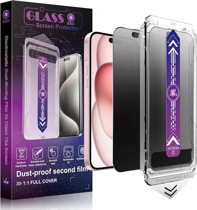 2 Pack Matte Privacy Screen Protector for iPhone 16/15/14 Pro 6.1-Inch Auto Dust Removal No BubblesAnti-Spy Tempered Glass Film Easy Installation