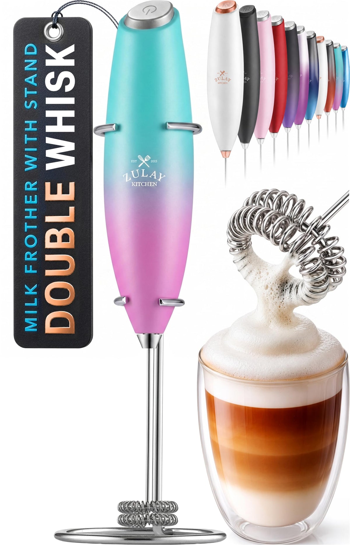 Zulay Powerful Milk Frother for Coffee with Upgraded Titanium Motor - Handheld Electric Whisk, Milk Foamer, Mini Mixer & Coffee Blender for Frappe, Latte, Matcha, No Stand - Pristine Teal