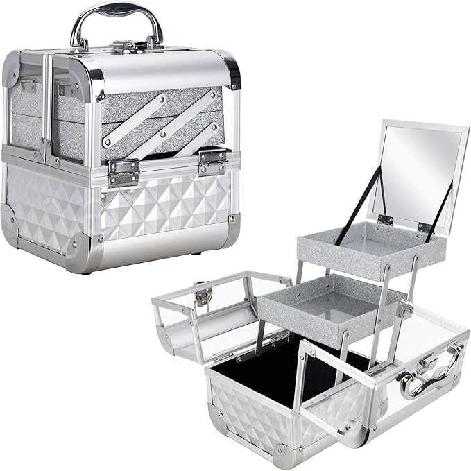 Ver Beauty Makeup Box Cosmetic Train Case with Clear Armored Acrylic Jewelry Organizer with 2 Tiers Trays and Mirror Lockable Portable Travel Cosmetic Display Aluminum Case (Silver Diamond)