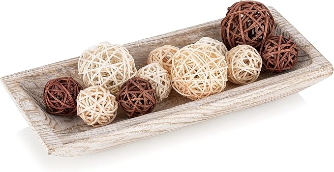 Hanobe Decorative Wood Dough Bowl: Long Wooden Bowl for Entry Way Table Home Decor - Coffee Table Decor for Living Room - Dining Table Centerpiece Decor, White