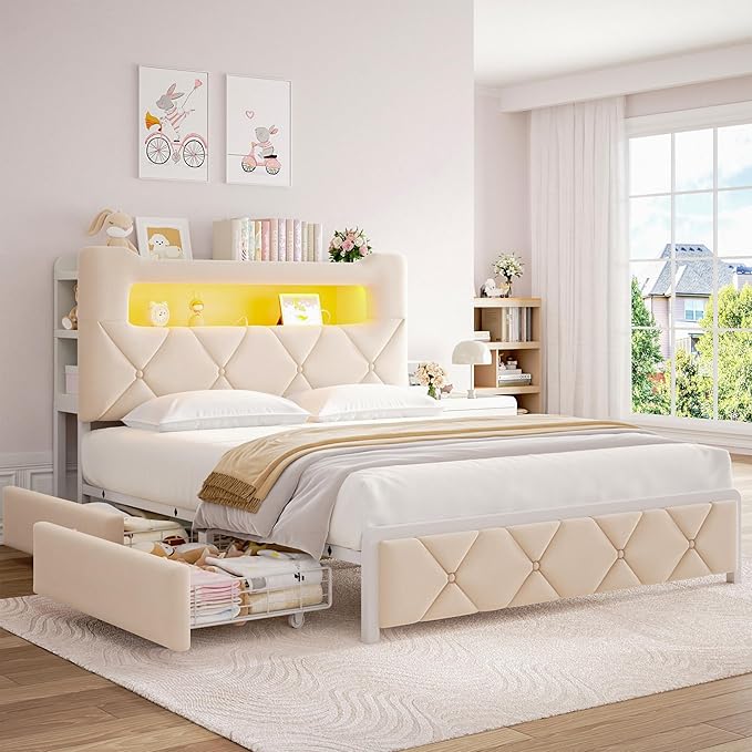 Full Upholstered LED Bed Frame with 2 Storage Drawers and 2-Tier Storage Headboard, Velvet Princess Platform Bed with Charging Station & Bookcase,Heavy Duty Metal Support,No Box Spring Needed,Beige