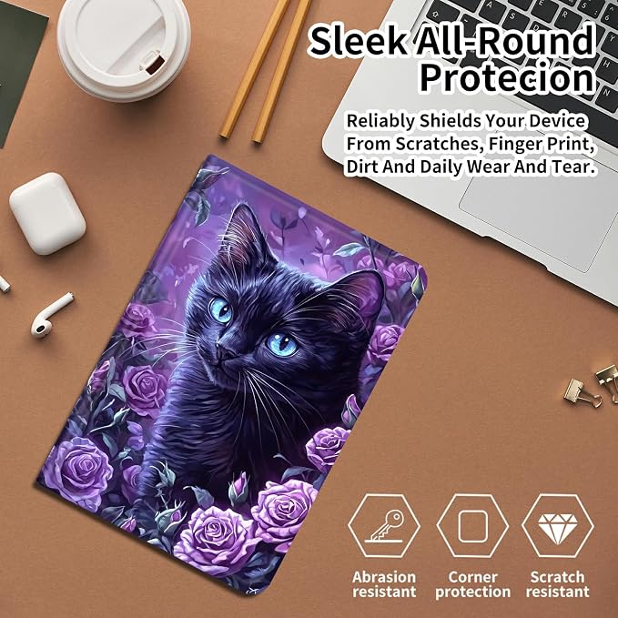 Case for Fire 7 2019/2017/2015Black Cat Purple Roses | DIGTIALL Slim Cover for Fire 7 Tablet 9th/7th/5th Gen 7.0 Folding Stand Protective Case Auto Sleep/Wake Smart Shell