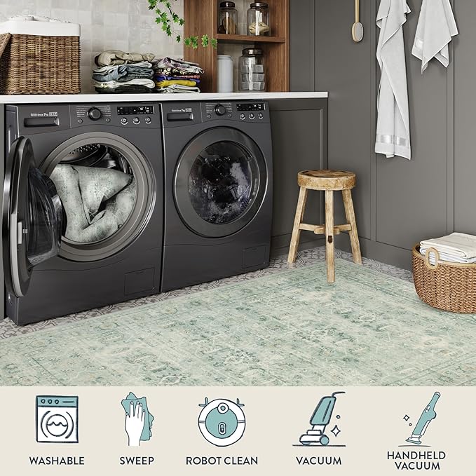 Lahome Vintage 9x12 Washable Green Rugs for Living Room Bedroom, Boho Dining Room Rugs for Under Table, Soft Non Slip Indoor Throw Carpet for Home Office Playroom (9x12ft,Light Green)