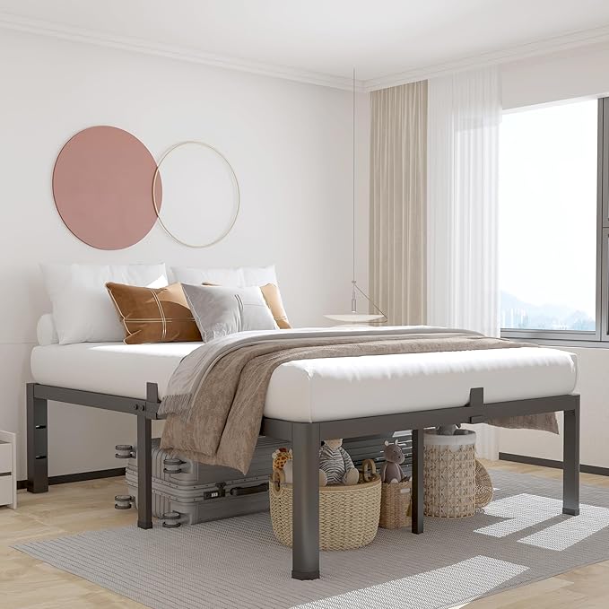 ROIL 12 inch California King Size Bed Frame Metal Platform No Box Spring Needed with Headboard Hole Round Corner Legs Mattress Retainers 3500LBS Heavy Duty Steel Slats Noise-Free Storage