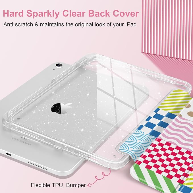 MEEgoodo Case for iPad A16 11th Generation 2025/10th Generation 2022 Glitter Tablet Cases with Transparent Acrylic Back+Trifold Stand +Pencil Holder+Auto Wake/SleepAbstract Sun &amp Palm Tree