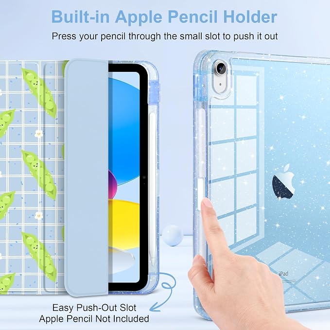 MEEgoodo Case for iPad A16 11th Generation 2025/10th Generation 2022 Glitter Tablet Cases with Transparent Acrylic Back+Trifold Stand +Pencil Holder+Auto Wake/SleepAbstract Sun &amp Palm Tree