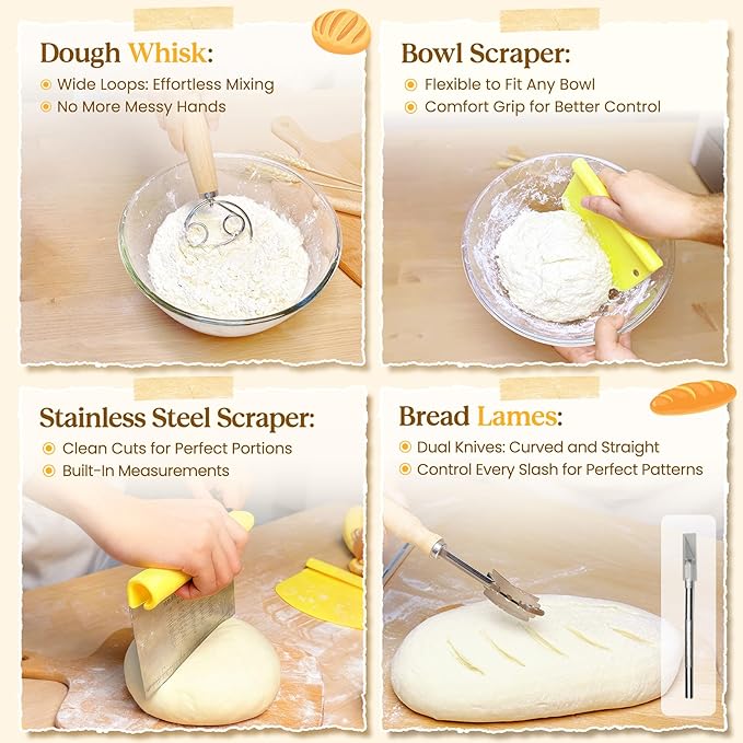 Sourdough Starter Kit with Cotton Rope Banneton Basket & Jar for Beginners