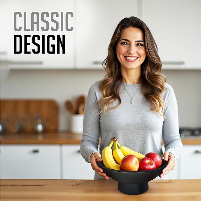 Black Pedestal Bowl - 12 Inch, Wide Black Footed bowl as Fruit, Key, Decorative, Candy Holder or Centerpiece, Wooden Bowl Decorative for Kitchen, Dining Table & Modern Home Accessories