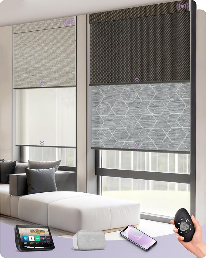 Graywind Motorized Dual Shades for Windows Smart Double Blinds Blackout, Light Filtering or Solar Motorized Blinds with Remote Alexa Google Control Day Night Shades, Custom Size (Custom Fabric)