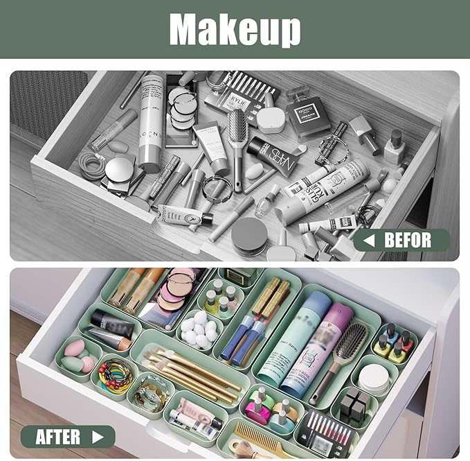 Plastic Drawer Organizers, 18 PCS Drawer Organizer Bins, Bathroom and Vanity Organizer Plastic Tray, Makeup organizer and storage for Makeup, Bedroom, Kitchen Gadgets Utensils and Office (Green)