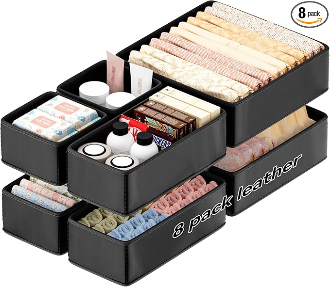 Vegan Leather Drawer Organizers,8 Pack Makeup Storage boxes,Vanity Drawer Luxury upgrade,Bedroom fabric Drawers replacement,bathroom organization and storage Optimal solution