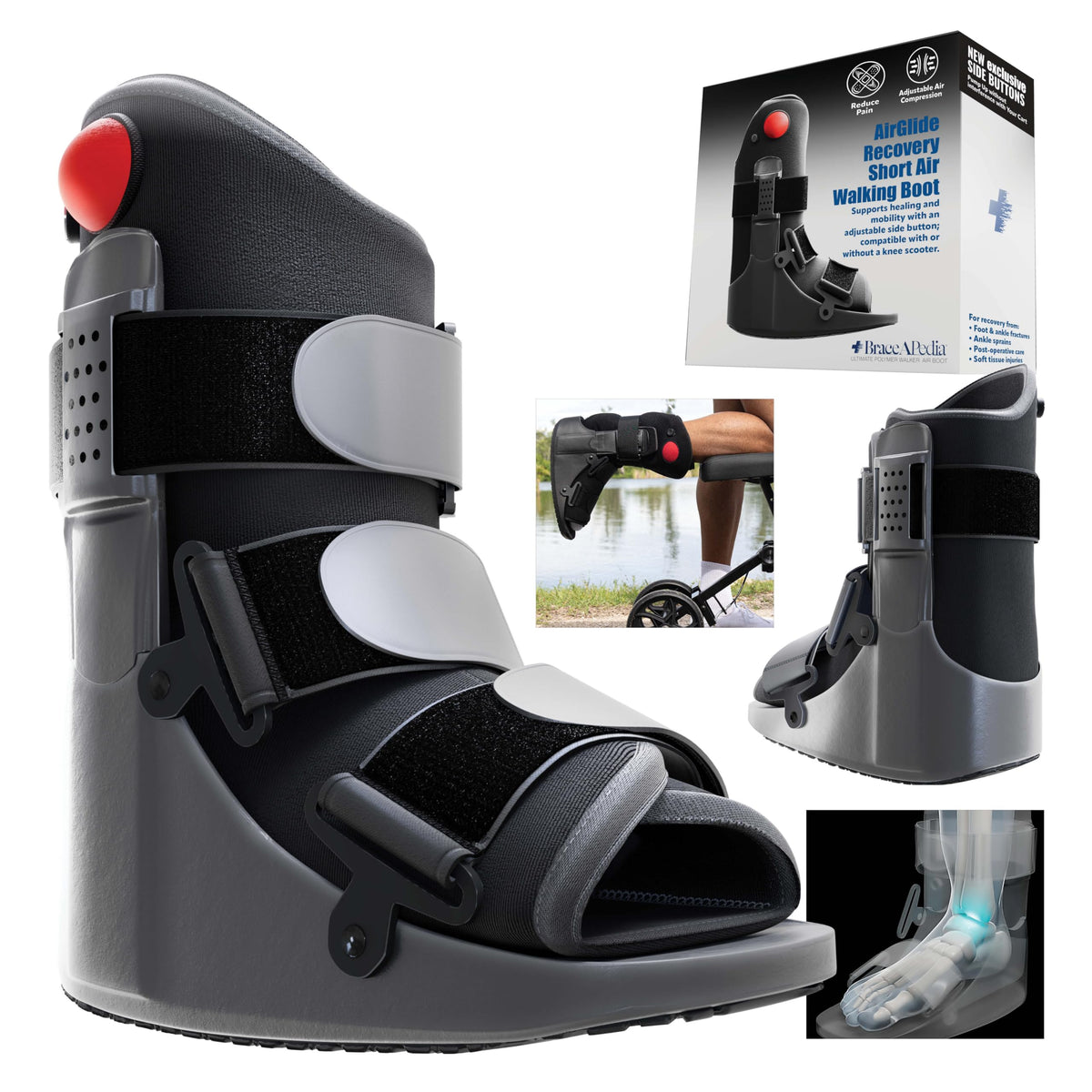 Braceapedia Short Air Compression Walking Boot Foot Brace - Side Pump Pneumatic Brace for Ankle Support & Foot Injuries - 360 Rocker Sole Cam Walker for Stress Fractures & Post-Op, Medium