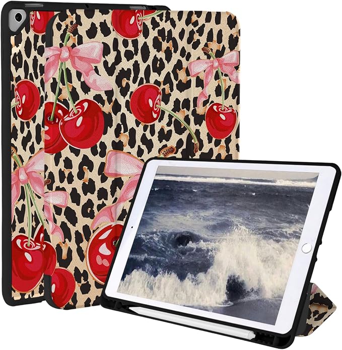Case for iPad 9th/ 8th/ 7th Generation Case 10.2&amp10.5 Inch (2021/2020/2019 Release) Slim Lightweight Soft Trifold Back Cover with Pencil Holder &amp Auto Sleep/Wake Cover Cherries Cheetah Bows
