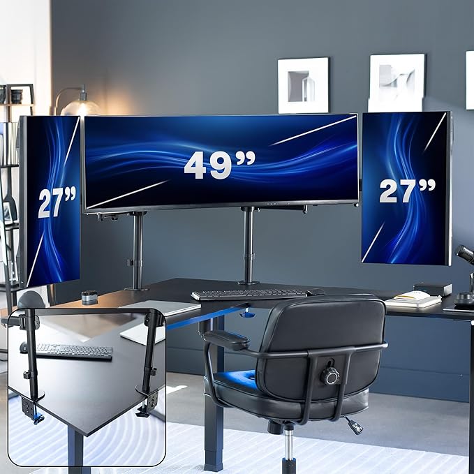 VIVO Clamp-on Dual Pole Triple Monitor Desk Mount for 1 Center Utrawide up to 49 inches and 59.4 lbs, 2 Side Screens up to 38 inches and 17.6 lbs, Low Profile Adjustable Stand, Black, STAND-V300CU