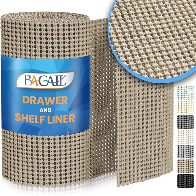 BAGAIL Drawer and Shelf Liner, 24 in X 30 Ft Non-Adhesive Shelf Liners for Kitchen Cabinets, Thick Strong Grip Liners for Desk, Shelves, Bathroom Drawers, Cabinet Protection - Beige
