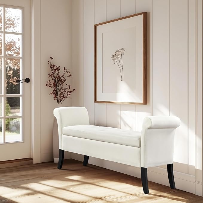 Yaheetech Ottoman with Storage, 52" Storage Ottoman Bench with Safety Hinge, Upholstered Bench with Seating for Bedroom, Living Room, Holds up to 661 lb, Fresh White