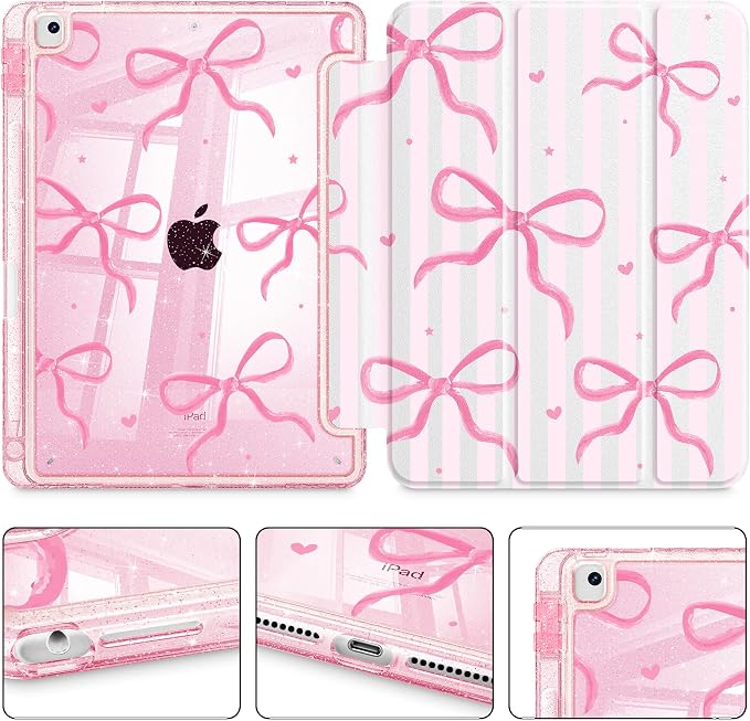 Case for iPad 9th/ 8th/ 7th Generation 10.2-Inch Case(2021/2020/2019 Release) Glitter Tablet Cases with Transparent Acrylic Back+Trifold Stand+Pencil Holder+Auto Wake/Sleep Bows-Stripe