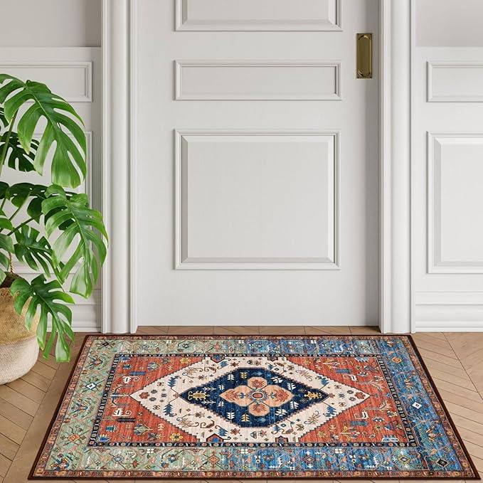 Lahome Boho 2x3 Washable Kitchen Rugs, Throw Non-Slip Backing Small Door Rug for Entryway Low-Profile Inside Door Mats, Oriental Indoor Doormat Carpet for Entrance Bathroom Laundry Living Room, Rust