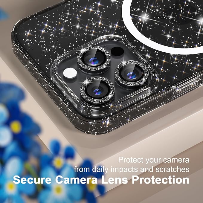 Choiche for iPhone 15 Pro Max Case Compatible with MagSafe Glitter Black | Women Girly Cute Glitter Sparkly Magnetic Phone Case with Diamond Camera Lens Protectors Military-Grade Drop Protection 6.7