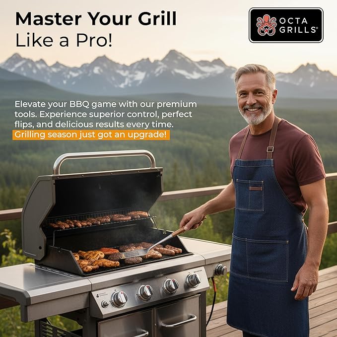 OctaGrills 3-Piece BBQ Utensil Set – Premium Stainless Steel Grill Tools with Extra Wide Spatula - Pakka Wood Handles & Leather Hanging Loops (Spatula, Tongs & Fork)