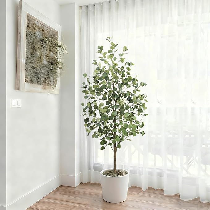 Faux Eucalyptus Tree 5FT Tall Artificial Eucalyptus Tree Indoor Outdoor, Fake Eucalyptus Plant with Green Silver Dollars Silk Leave, Fake Floor Plants, Present for Friend Housewarming Decor