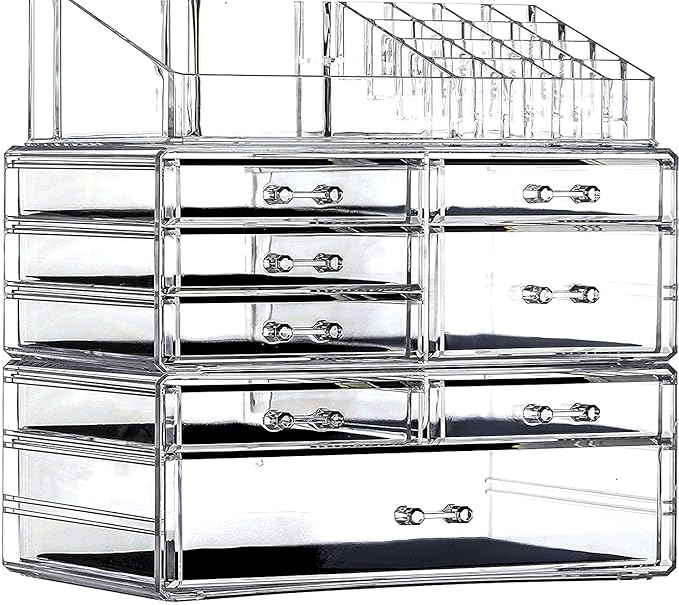 Cq acrylic 3 Pack Clear Make Up Organizer Countertop,Stackable 8 Drawers Makeup Storage,Cute Vanity Organizers for Dresser Hair Clip,Jewelry,Beauty Product Desk and Bathroom Organizers and Storage