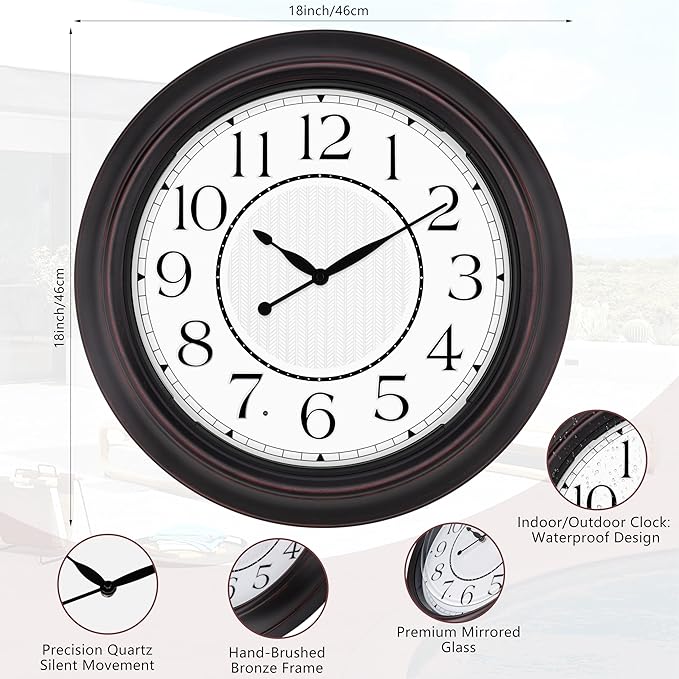 Koosome 18 Inch Lighted Wall Clock Outdoor Clocks with Smart Light Sensor Battery Operated Wall Clocks with Night Light, Waterproof Wall Clock for Patio, Garden, Porch, Living Room, Home, Office