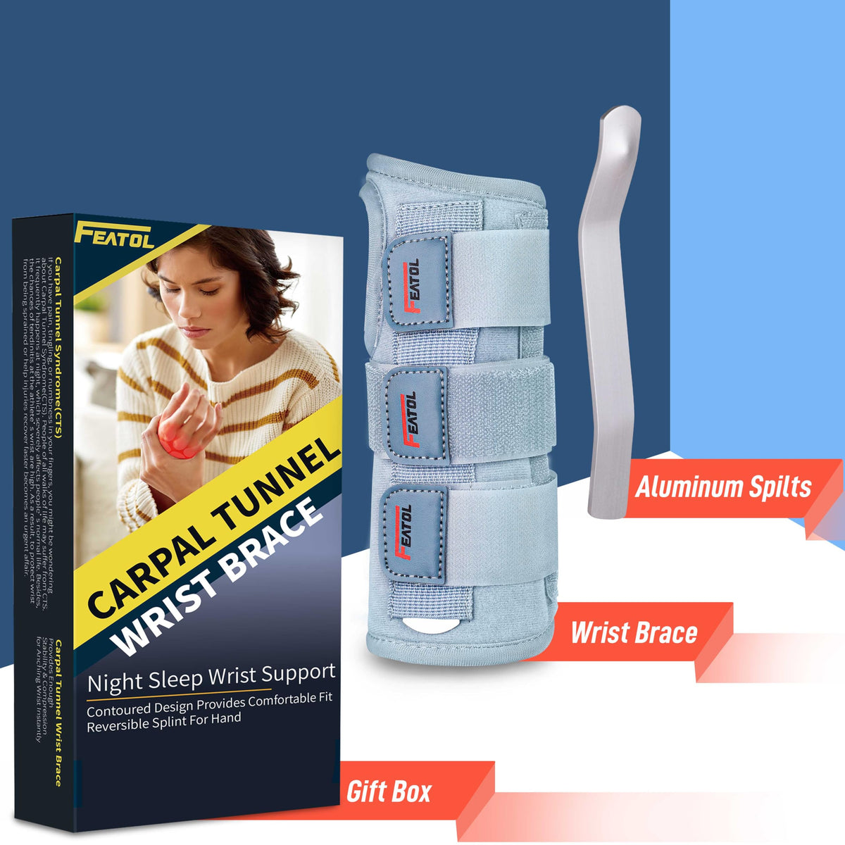 FEATOL Wrist Brace Carpal Tunnel for Women Men, Adjustable Night Sleep Support Brace with Splints Left Hand, Medium/Large