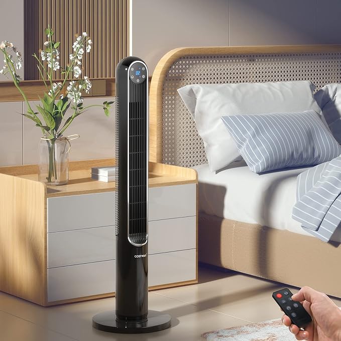 GOFLAME Tower Fan with Remote Control, 42" 80° Oscillating Quiet Cooling Fan with 3 Wind Modes, LED Control Panel and 12H Timer, Portable Bladeless Standing Fan for Bedroom Living Room Office (Black)