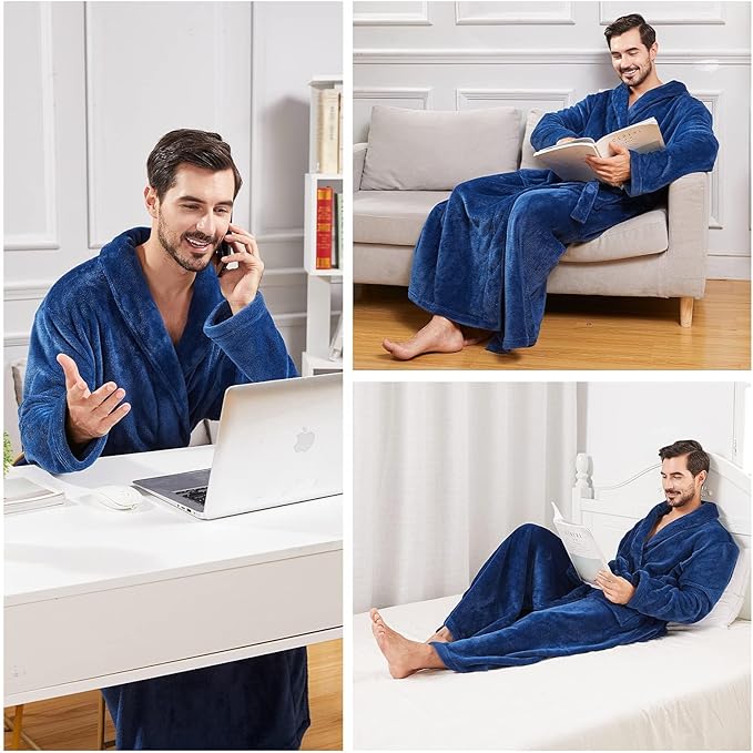 FashGudim Mens Robes Big and Tall Full Length Plush Fleece Long Robe for Men Bathrobe Shawl Collar Warm Winter House Robes