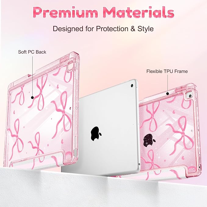 Case for iPad 9th/ 8th/ 7th Generation 10.2-Inch Case(2021/2020/2019 Release) Glitter Tablet Cases with Transparent Acrylic Back+Trifold Stand+Pencil Holder+Auto Wake/Sleep Bows-Stripe