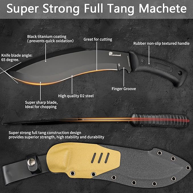 HX Outdoors 14 Inch Bush Machete Kukri Knife, Premium D2 Steel Full Tang Gardening Machete Knife with Kydex Sheath for Outdoor, Camping, Clearing Brush (Black)