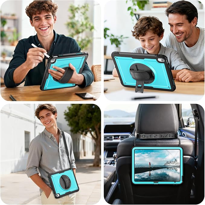 Case for iPad (A16) 11th/10th Generation 11''/10.9'' 2025/2022: Shockproof Protective Case with Hand/Shoulder Strap Pencil Holder Rotate Stand Screen Protector Black