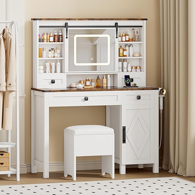 IRONCK Farmhouse Vanity Desk with Sliding Mirror & Lights, Glass Top Makeup Vanity Table with Power Outlet, 3 Color Lighting Modes, 4 Drawers & Storage Cabinet, Includes Cushioned Stool for Bedroom