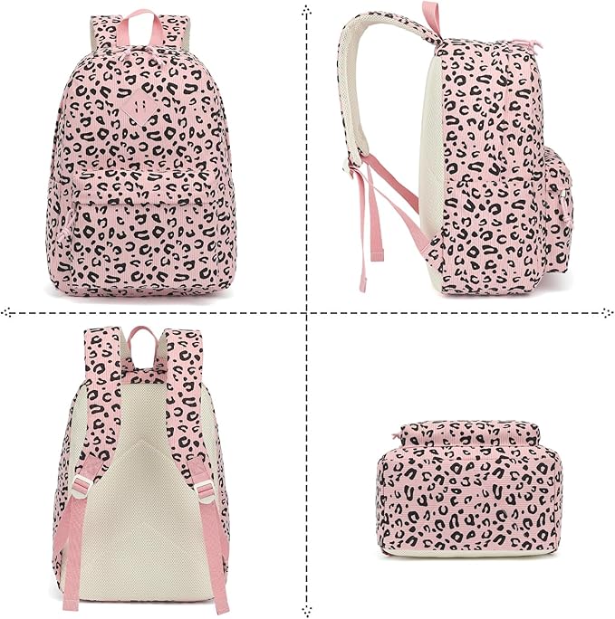Corduroy Girls Backpack Set, 3PCS School Backpacks for Kids Elementary Middle School Bags with Lunch Box Pencil Case (Pink Corduroy Leopard)