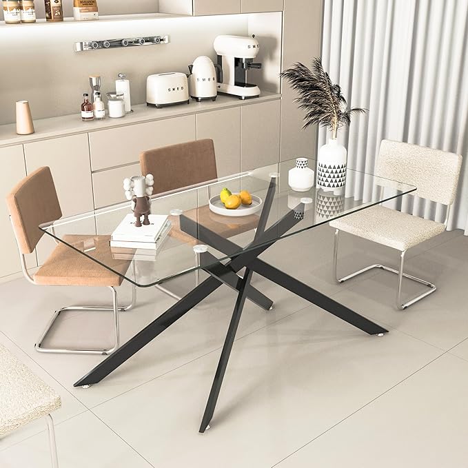 60" Rectangular Glass Dining Table Modern Kitchen Glass Top Table for 6 with Black Metal Legs, Clear Dining Table Kitchen Table for Home Office Dining Room